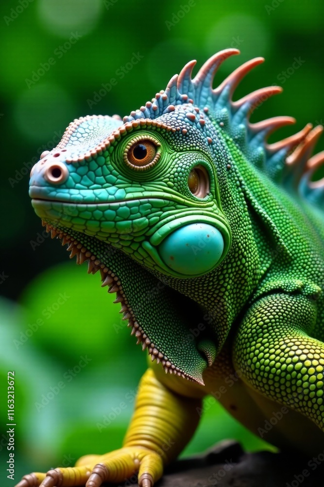 Fototapeta premium Iguana's scaly head features vibrant green scales, with intricate patterns and crests, in a lush green background, close up, nature