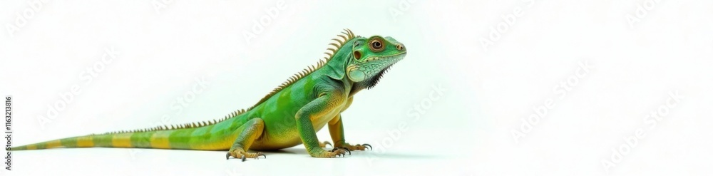Fototapeta premium Iguana with green scaly skin standing alone on a bright white surface, isolated, wildlife