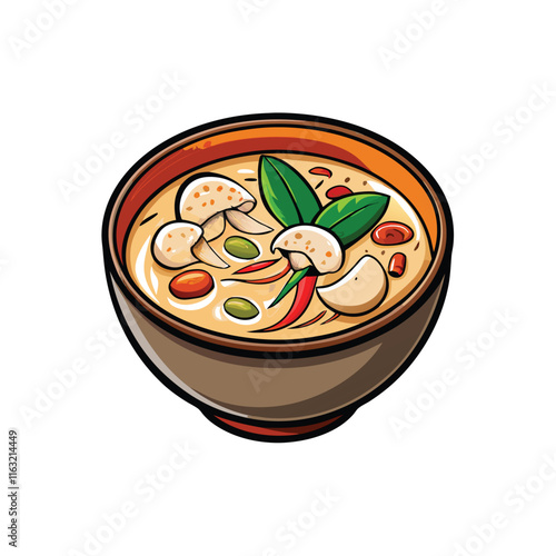 Create a close-up vector illustration of Tom Kha Gai, Thai coconut soup, showcasing its creamy texture, lemongrass, galangal, and chilies.