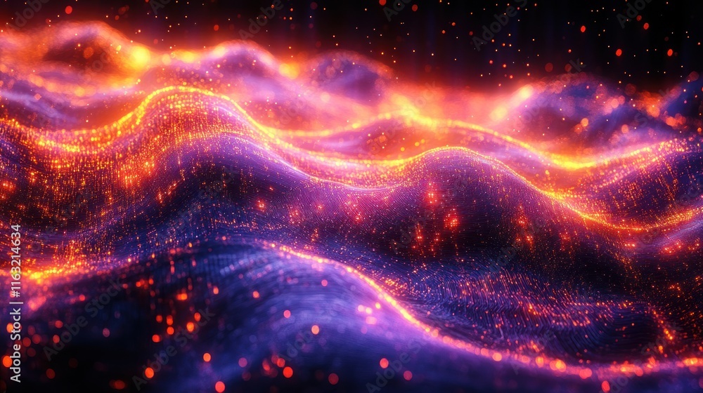 Abstract fiery glowing particles forming wavy landscape. Abstract fiery glowing particles forming wavy landscape.