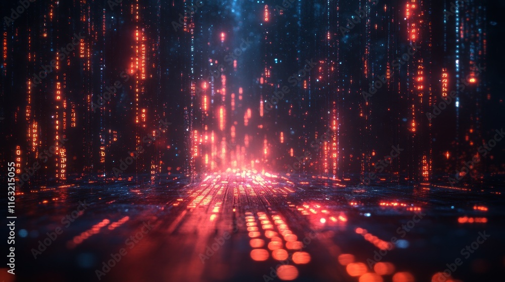 Fototapeta premium Abstract digital landscape with glowing red and blue elements creating a futuristic atmosphere.