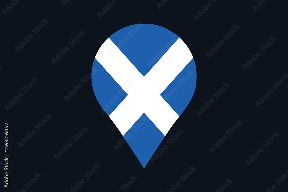 Fototapeta premium Scotland flag with location sign, Flag of Scotland national country symbol illustration Vector, Rectangle Scotland flag illustration, Flat vector illustration 