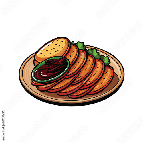 Create a detailed vector image of glistening, succulent slices of Peking duck served on a white plate, showcasing crisp skin and tender meat.  Include garnishes.
