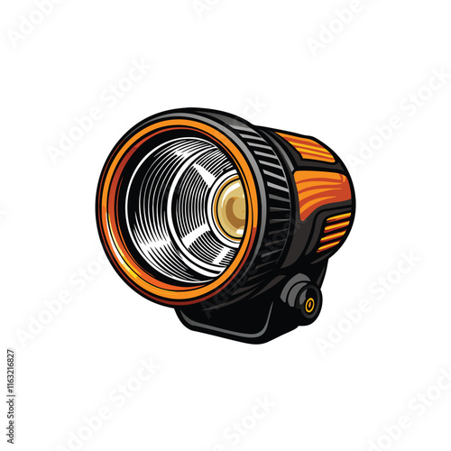 Create a highly detailed vector illustration of a bicycle headlight, showcasing its intricate internal components and reflective surface.  Include realistic textures and lighting effects.