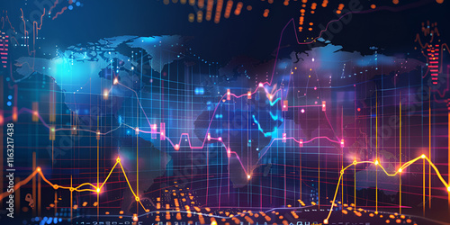 Global data visualization with financial trends and glowing charts, Futuristic world map overlay with analytics

