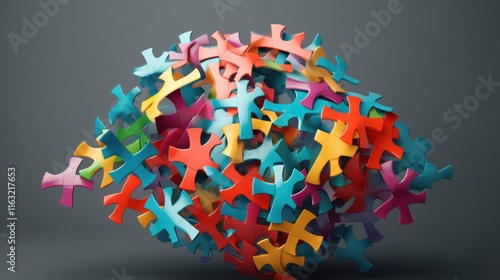 Abstract Colorful Puzzle Pieces Cluster: A 3D Render of Interlocking Shapes photo