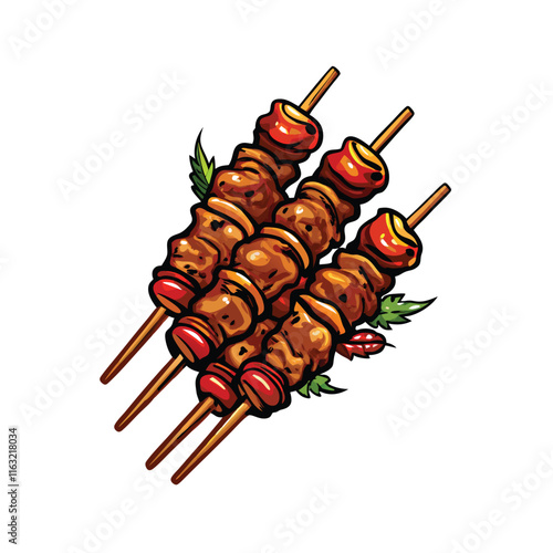 Create a highly detailed vector illustration of sizzling Chinese BBQ lamb skewers, showcasing the marinated lamb, vibrant spices, and the characteristic skewer design.