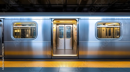 Silver subway train door open with the platform visible in front of it