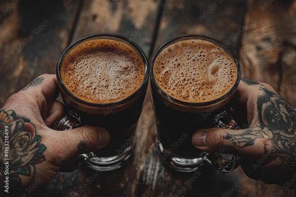 Hands Holding Two Dark Coffee Mugs Hands Holding Two Dark Coffee Mugs