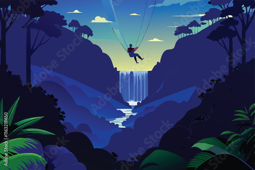 Create a vibrant vector illustration of a thrilling zip line adventure through a lush, dense jungle canopy.  Show exciting details.