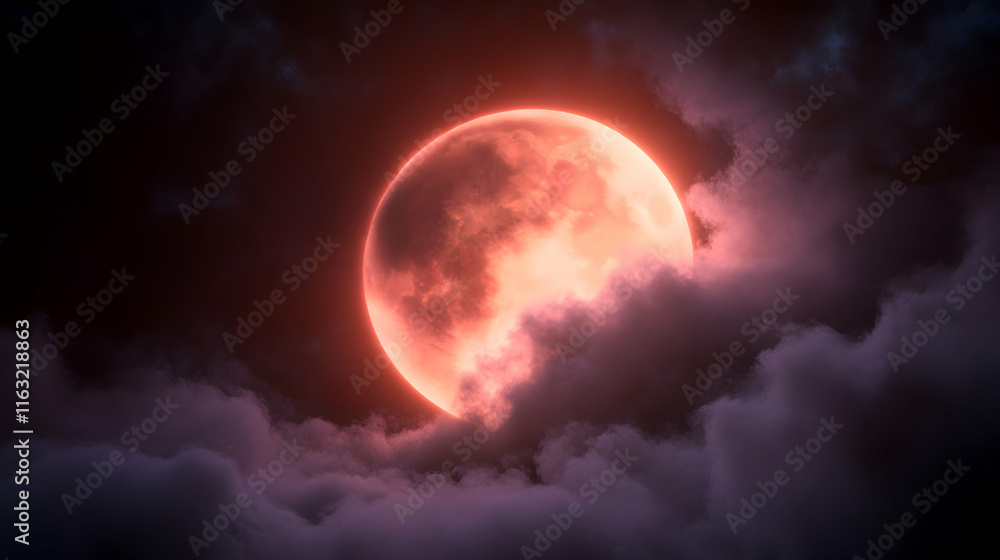 Fototapeta premium Crimson Moon Ascends Through Night Clouds, A Celestial Mystery Unveiled in the Dark, Mystical Skies.