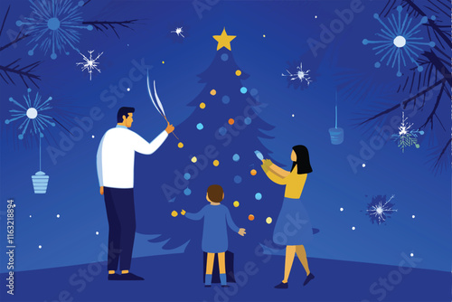 A joyful family decorates a sparkling Christmas tree with colorful ornaments, creating cherished holiday memories.