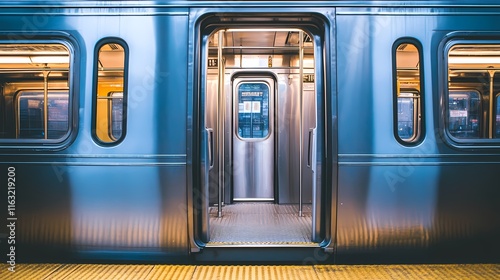 Silver subway train door open with the platform visible in front of it
