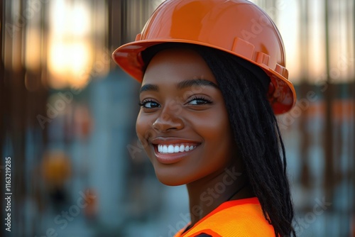 Black woman construction worker smiles confidently outdoors on construction site. Wears orange hard hat, safety vest. Appears proud of job, career choice. Image portrays women in skilled labor roles. photo