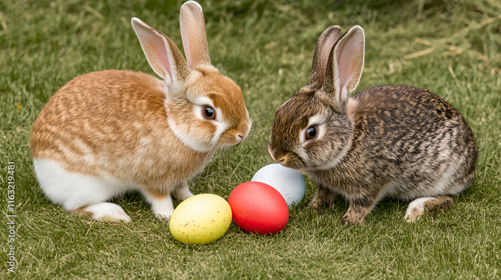 Adorable Bunnies & Easter Eggs on Grassy Lawn, Celebrating Spring Festivities Joyfully Outdoors.