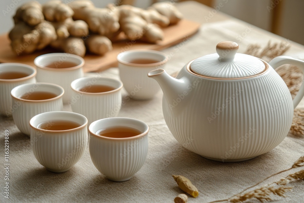 White Teapot and Cups with Fresh Ginger Root White Teapot and Cups with Fresh Ginger Root