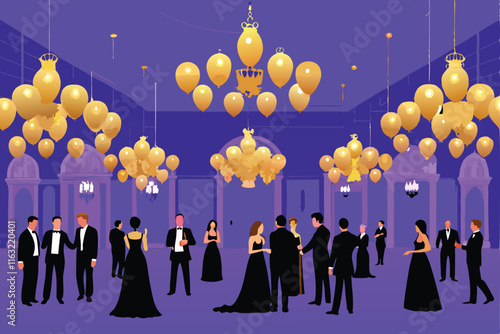 A lavish New Year's Eve ballroom scene; elegant people in formal attire dancing, champagne flutes raised, glittering decorations, opulent chandeliers.