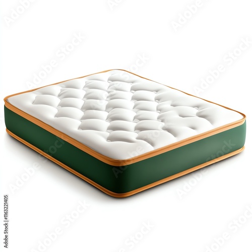 Comfortable mattress with a plush white top and green edges on a white background. photo