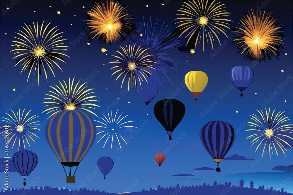 Naklejka premium Vibrant hot air balloons illuminate the night sky during a spectacular New Year's Eve festival. Fireworks add to the festive atmosphere.