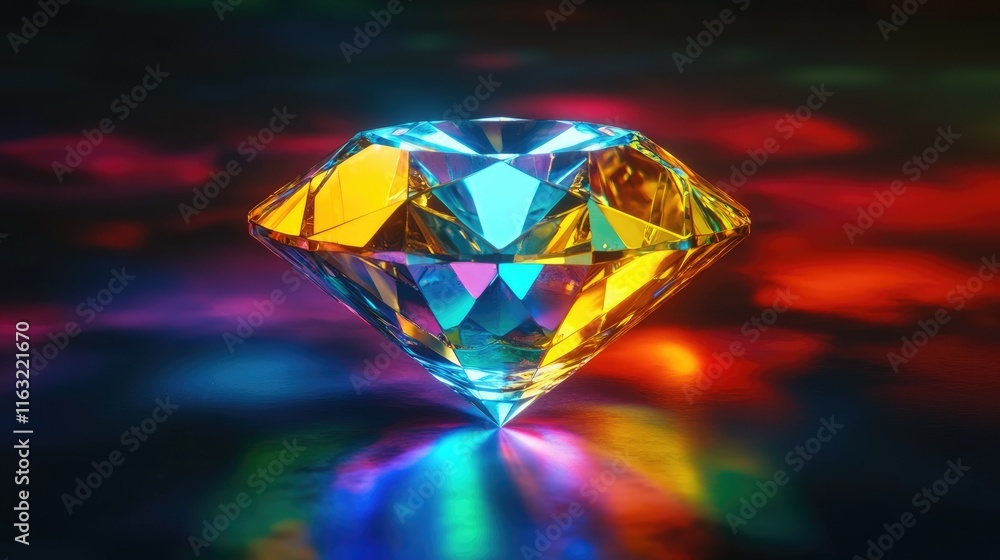 A sparkling diamond with vibrant reflections against a dark background. A sparkling diamond with vibrant reflections against a dark background.