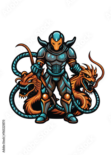 A fierce humanoid alien tamer, wielding a whip, controls a monstrous, bioluminescent alien beast. Dramatic lighting, detailed textures.