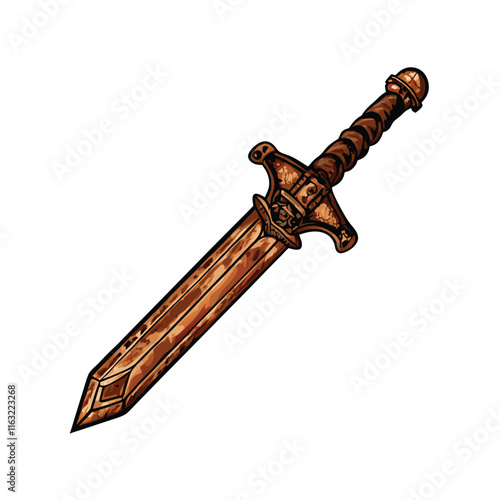 Generate a highly detailed image of a short, ancient bronze age sword, showing wear and patina indicative of age.  Focus on the blade's texture and hilt details.