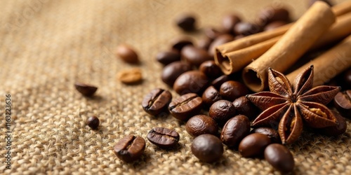 Aromatic Coffee Beans, Cinnamon Sticks, and Star Anise on Burlap
