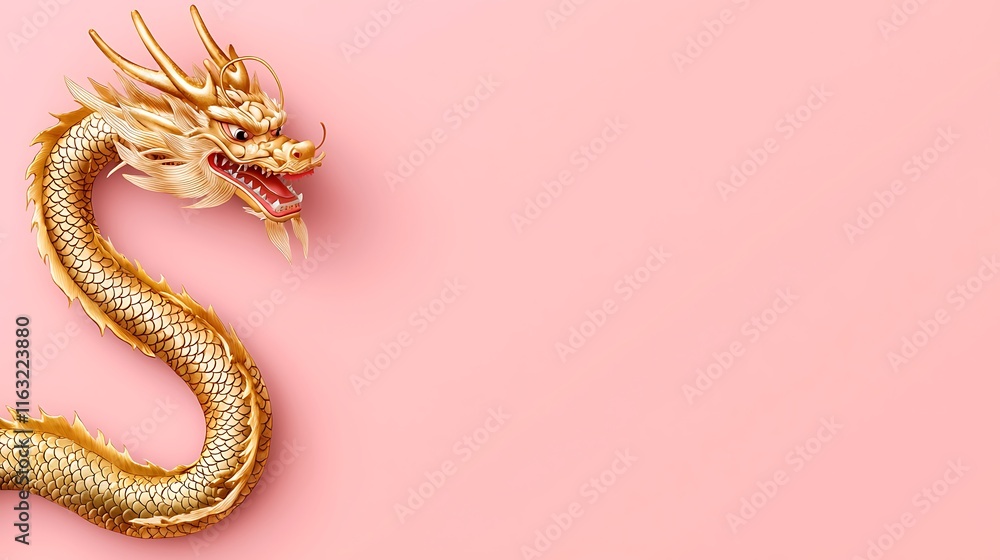 A golden dragon curls against a soft pink background, showcasing intricate details and vibrant colors, evoking a sense of mystique and cultural significance. A golden dragon curls against a soft pink background, showcasing intricate details and vibrant colors, evoking a sense of mystique and cultural significance.