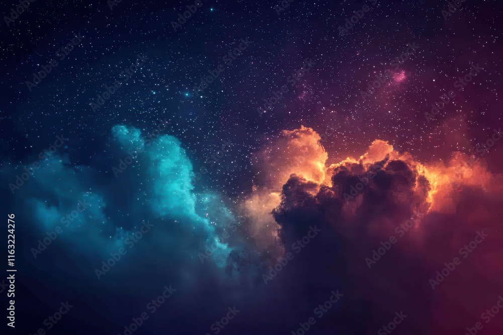 Fototapeta premium A mesmerizing cosmic backdrop of swirling auroras in vibrant hues of magenta, teal, and orange, surrounded by faint star clusters and radiant beams of light for a dramatic celestial vibe. 