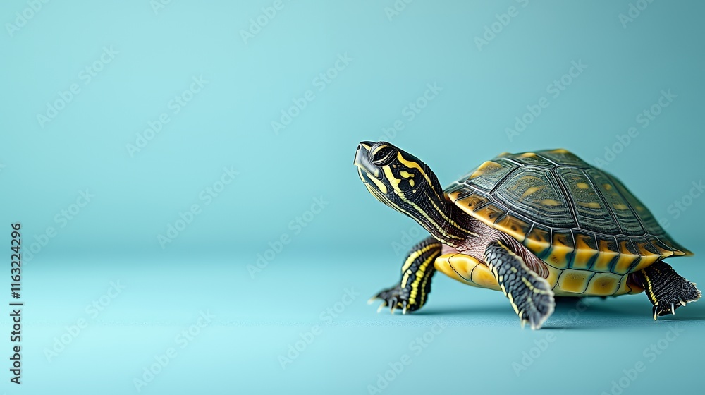A Curious Yellow-Bellied Slider Turtle on a Turquoise Background A Curious Yellow-Bellied Slider Turtle on a Turquoise Background