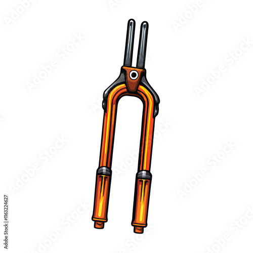 Create a detailed technical illustration of a bicycle fork, showcasing its components crown, steerer tube, dropouts, blades, and axle.  Include various angles for clarity.