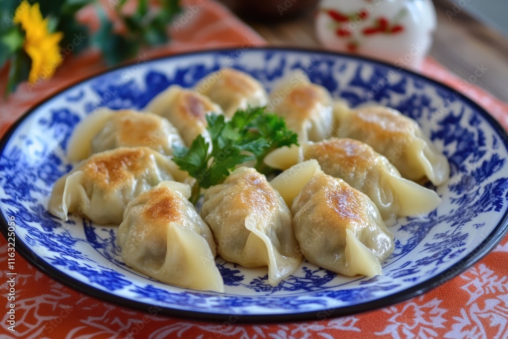 Golden Brown Pan Fried Dumplings On Blue Plate Golden Brown Pan Fried Dumplings On Blue Plate