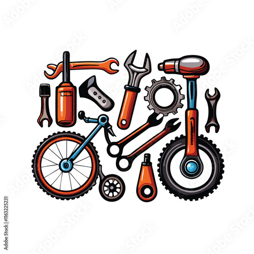 Create a vibrant illustration of bicycle repair tools, color-coded by function for easy identification.  Show a diverse range of tools neatly arranged.