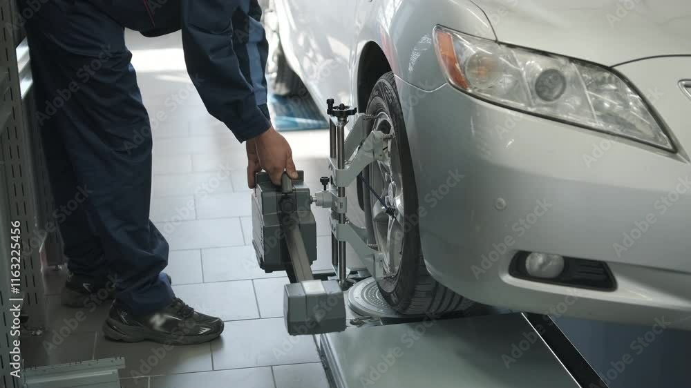 Mechanic performing a wheel alignment process in a modern workshop. Professional equipment is used to ensure accurate vehicle alignment for optimal performance and safety Mechanic performing a wheel alignment process in a modern workshop. Professional equipment is used to ensure accurate vehicle alignment for optimal performance and safety