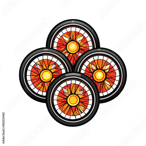 Create a detailed illustration of bicycle wheel reflectors, showcasing their reflective surfaces and various shapes and sizes.  Show both daytime and nighttime views.