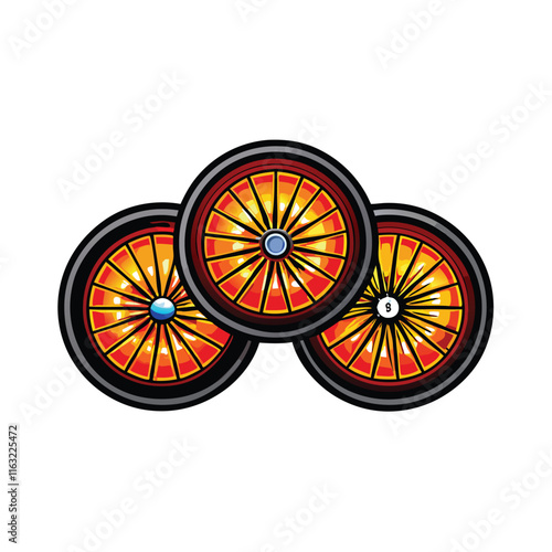 Create a detailed illustration showcasing bicycle wheel reflectors, emphasizing their reflective properties and various designs.  Include close-up views and different angles.