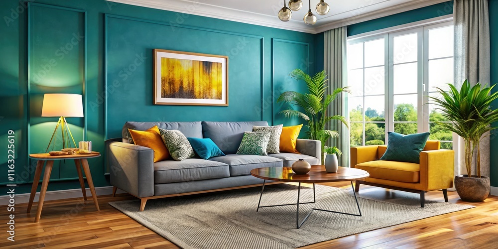 Serene modern living room: relaxing sofa, stylish décor, spacious design. Serene modern living room: relaxing sofa, stylish décor, spacious design.