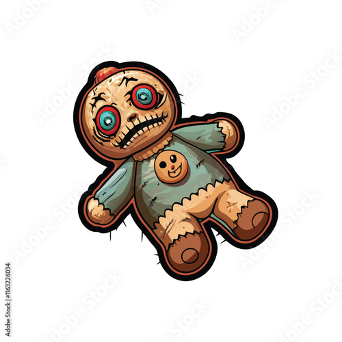 Photograph of a well-loved antique rag doll, showing significant wear, sewn patches, and faded fabric.  Emphasis on texture and aged appearance.