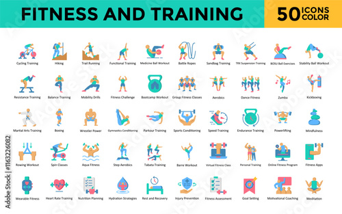 Fitness and Training icon set with cycling training, hiking, trail running, functional training, medicine ball workout, battle ropes icon. Simple flat color vector 

