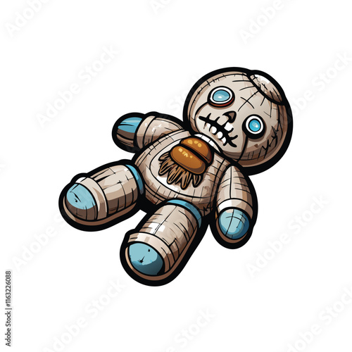 Photograph of a well-loved antique rag doll, showing significant wear, patched clothing, and faded fabric.  Emphasis on texture and age.