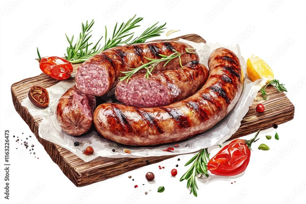 Grilled sausages rosemary peppers and lemon on wood Grilled sausages rosemary peppers and lemon on wood