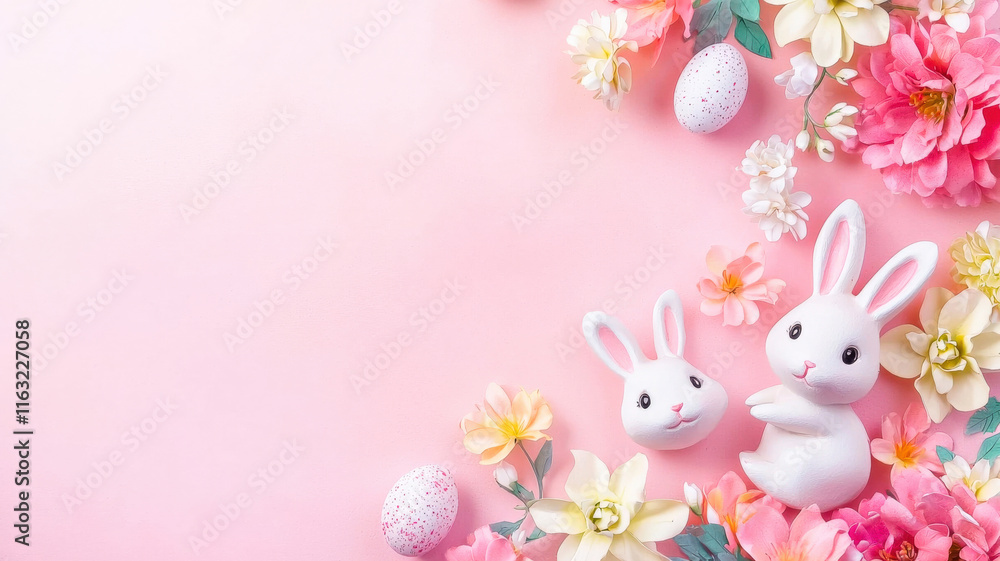Obraz premium A cute and colorful Easter card featuring playful bunnies and blooming flowers, with a large blank space for personalized Easter greetings, creating a joyful and festive design. 