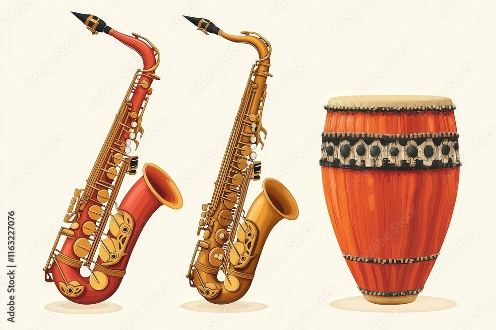Naklejka premium Colorful Saxophones and Drum Illustration