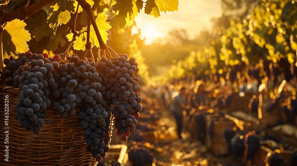 Harvesting grapes in vineyard at sunset nature photography scene