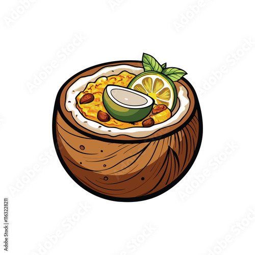 Create a realistic vector illustration of Tom Kha Gai, Thai chicken coconut soup, showcasing vibrant colors, fresh herbs, and chicken pieces.  Include detailed textures.