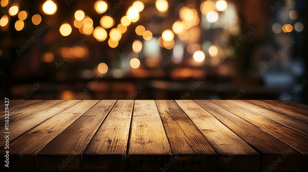 Empty wooden table top with soft gold bokeh lights in cafe restaurant setting, dark background
Empty wooden table top with soft gold bokeh lights in cafe restaurant setting, dark background