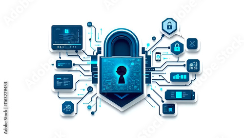 3D concept poster that visually represents the themes of data security and hacking. Incorporate elements that symbolize data theft and cyber fraud. photo