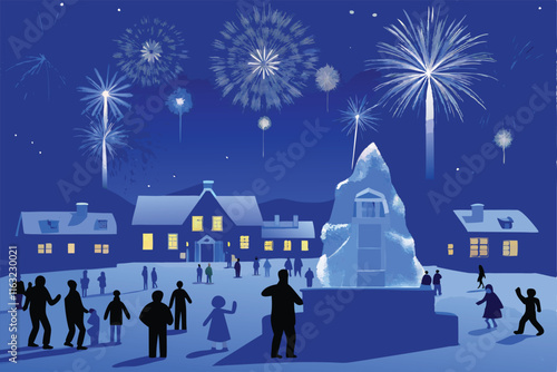 A picturesque snowy village square features a magnificent ice sculpture of the number '2', illuminated by warm lamplight.