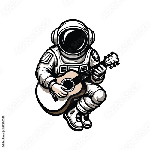 Detailed sketch engraving of an astronaut in a spacesuit serenely playing an acoustic guitar amidst the stars.