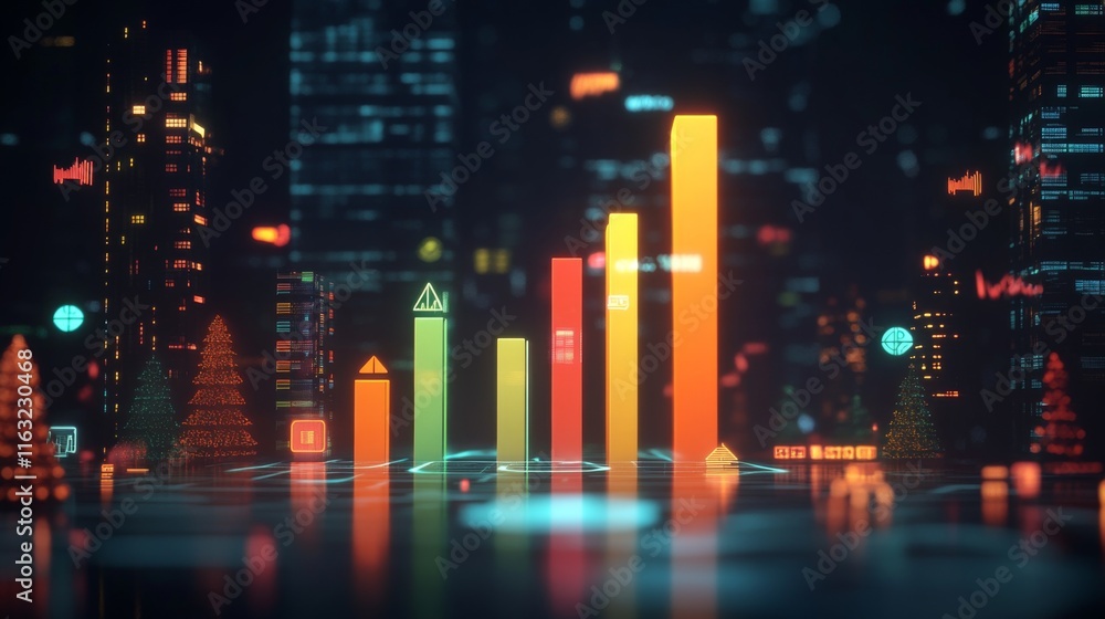 A D bar graph representing financial data growth, set against a dark background with a digital interface and various financial symbols around it. A D bar graph representing financial data growth, set against a dark background with a digital interface and various financial symbols around it.